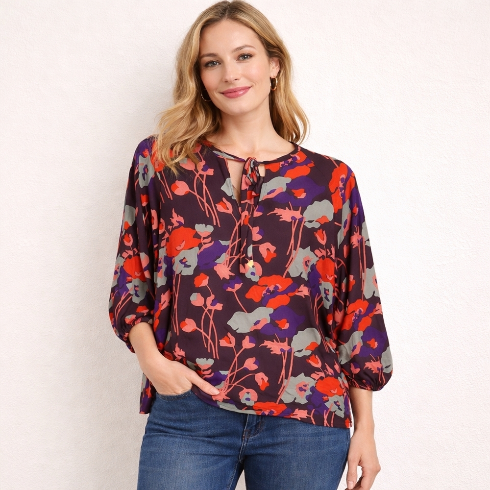 Tucker Top Silk Floral Size M Tie Neck Made in USA Boho Chic